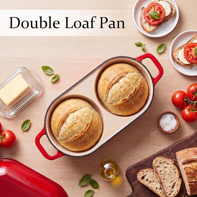 Enameled Cast Iron Dutch Oven Bread Baking, Sourdough Bread Pot with Lid, Double Round Nonstick Loaf Pan for Homemade Bread, Oven Safe to 500°F, 16.5cm Diameter, Red