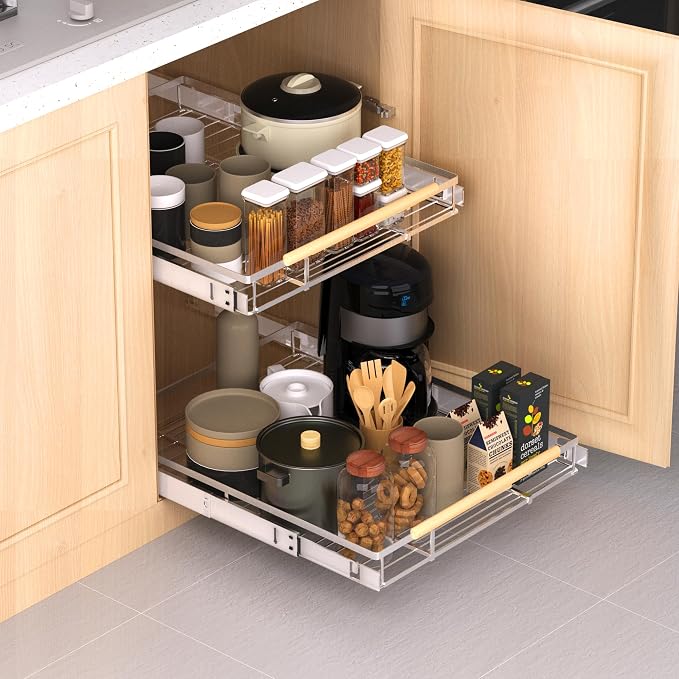 Expandable Pull Out Drawer Cabinet Organizer, Adjustable Width Bottom-Mounted Slide Out Storage Shelves for Cabinets, Required Cabinet Size (W: 10.16"~16.36", D≥22.5"), 2 Pack