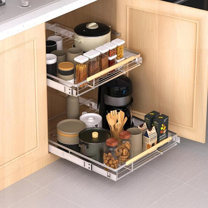 Expandable Pull Out Drawer Cabinet Organizer, Adjustable Width Bottom-Mounted Slide Out Storage Shelves for Cabinets, Required Cabinet Size (W: 10.16"~16.36", D≥22.5"), 2 Pack