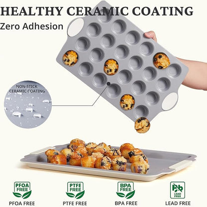 BRONYPRO 24-Cup Non Toxic Nonstick Ceramic Mini Muffin Pan & Cupcake Tin, PFOA & PFOA Free, Heavy Duty Rust-Resistant Aluminized Steel, Oven & Dishwasher Safe, Cream White