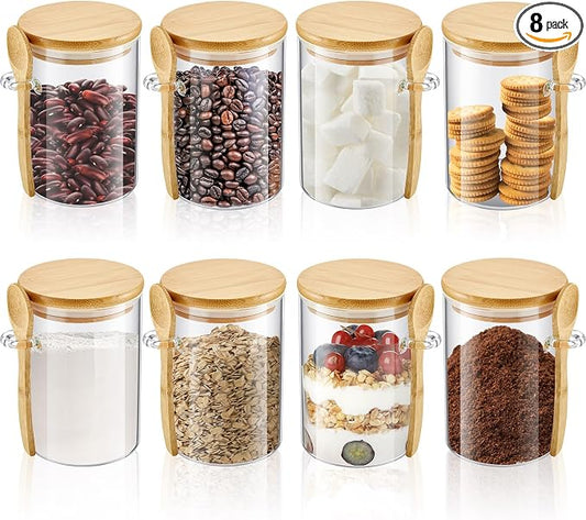 Tessco for you 8 Pack Sugar Jar Glass Container with Spoon Clear Glass Jars with Bamboo Lid and Spoon Scoop for Women Christmas Kitchen Gift Coffee Beans, Spice, Sugar, Nuts, Candy, Salts (17 oz)