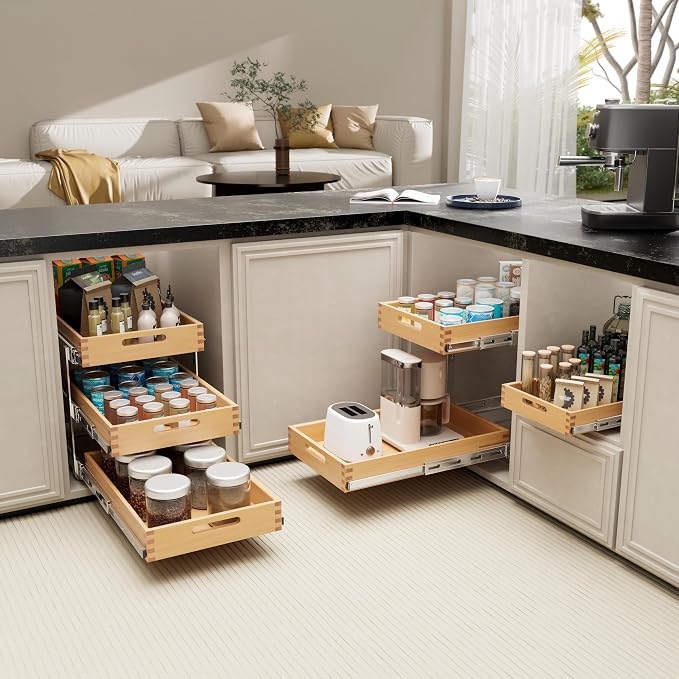 Pull Out Drawers for Cabinets 21"W x 21"D, Slide Out Wood Drawer Shelf, Heavy Duty Caddy Pull Out Cabinet Organizer, Base Cabinet Organization for Kitchen, Pantry
