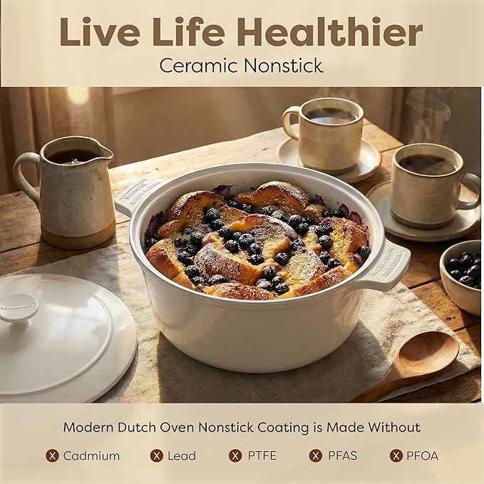 Dutch Oven 5 Qt with Lid, Lightweight Aluminum Nonstick Ceramic Pot, Gotham Steel Dutch Oven for Bread Baking, PFOA & PFAS Free, 500°F Rated, Dishwasher Safe, Induction Compatible - Cream