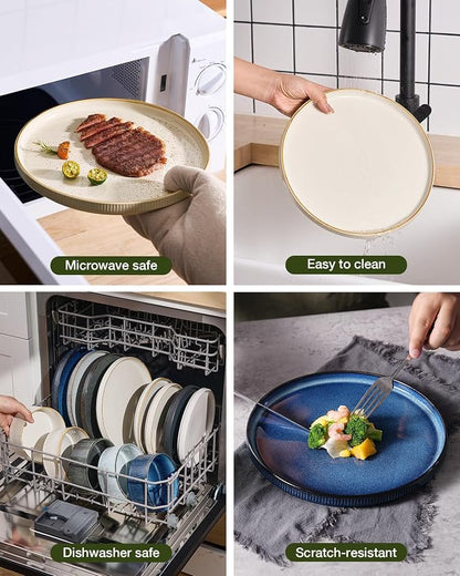 Famiware Star 16-Piece Stoneware Dinnerware Sets with Trim, Service for 4 - Shallow Pasta Bowls & Flat Plates, Modern Rustic Ribbed Dishes, Chip & Scratch Resistant, Microwave & Dishwasher Safe, White