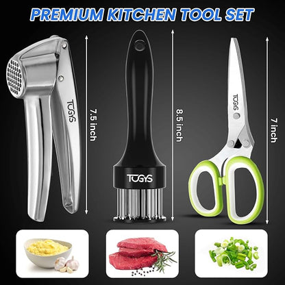 3-in-1 Premium Kitchen Tool Set - Heavy Duty Stainless Steel Garlic Press, Herb Scissors & Meat Tenderizer - Rust-Proof, Dishwasher Safe Cooking Gadgets - Ideal Gift for Home Chefs