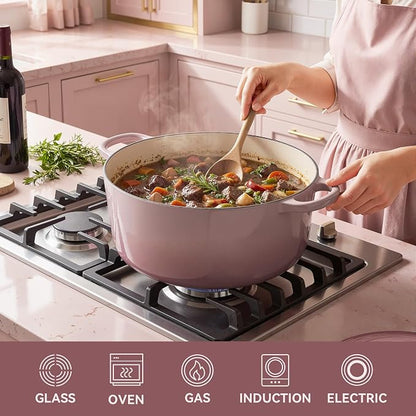 4.5 Quart Dutch Oven Pot with Lid, Non Stick Enameled Cast Iron Dutch Oven for Bread Baking, Heavy-Duty, Oven Safe Ceramic Cookware Up to 500°F for Baking, Braising, Stews, Roasting, Pink