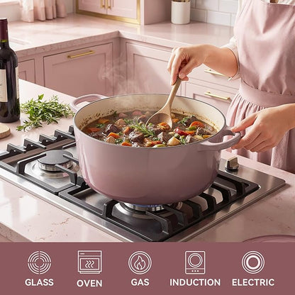 Vintage Style 4.5 Quart Dutch Oven Pot with Lid, Non Stick Enameled Cast Iron Dutch Oven for Bread Baking, Heavy-Duty, Oven Safe Ceramic Cookware Up to 500°F for Baking, Braising, Stews, Roasting, Pink