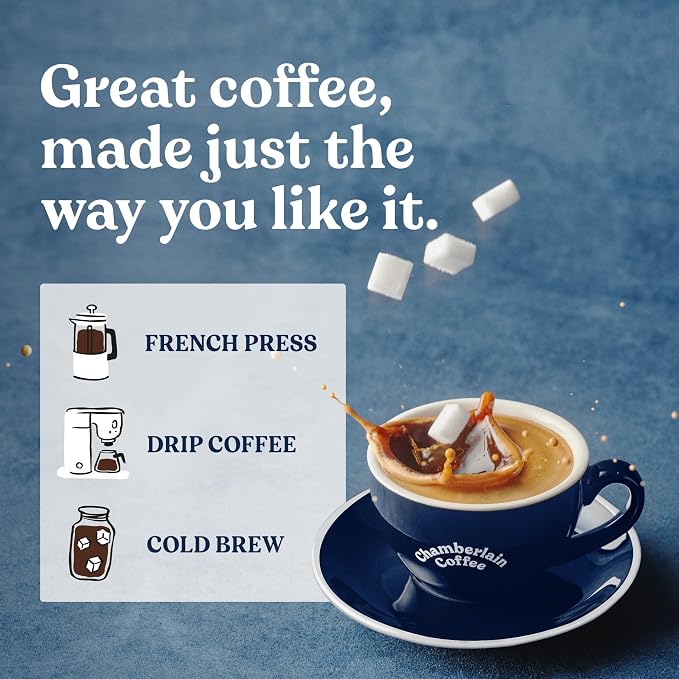 Chamberlain Coffee Espresso Dark Roast Ground Coffee - USDA Organic Specialty Blend - Smooth & Balanced w/Caramel, Dark Chocolate & Roasted Peanuts Notes - Rich Flavor & No Bitterness - 10 Oz