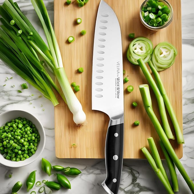 WICKWILLOW 7-Inch Santoku Knife - German X50CrMoV15 Steel, Hollow Edge Kitchen Knife for Meal Prep, Vegetables, Herbs & Boneless Proteins - Razor-Sharp, Full Tang, Ergonomic Handle, Gift Box