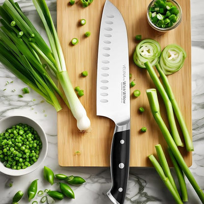 WICKWILLOW 7-Inch Santoku Knife - German X50CrMoV15 Steel, Hollow Edge Kitchen Knife for Meal Prep, Vegetables, Herbs & Boneless Proteins - Razor-Sharp, Full Tang, Ergonomic Handle, Gift Box