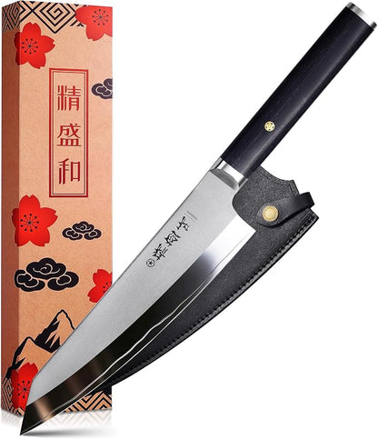 Japanese Chef Knife 8 in, Lab Tested Ultra Sharp, High Carbon Steel VG-10 Core, Genuine Leather Sheath, An Ideal Kitchen Gift for Home Cooks and Professional Chefs