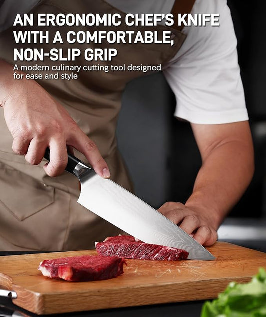 3-Piece Damascus Kitchen Chef Knife Set- 8" Chef Knife, 7" Santoku, 5.5" Utility Knife Japanese High Carbon Stainless Steel with G10 Handle Gift Box Cutting Tools for Meat, Vegetables
