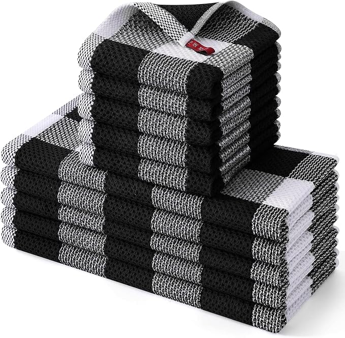 Homaxy Kitchen Towels and Dishcloths Set, 12 x 12 and 13 x 28 Inches, Set of 10 100% Cotton Waffle Weave Check Plaid Kitchen Dish Towels, Super Soft and Absorbent Dish Cloths, White & Black