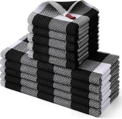 Homaxy Kitchen Towels and Dishcloths Set, 12 x 12 and 13 x 28 Inches, Set of 10 100% Cotton Waffle Weave Check Plaid Kitchen Dish Towels, Super Soft and Absorbent Dish Cloths, White & Black
