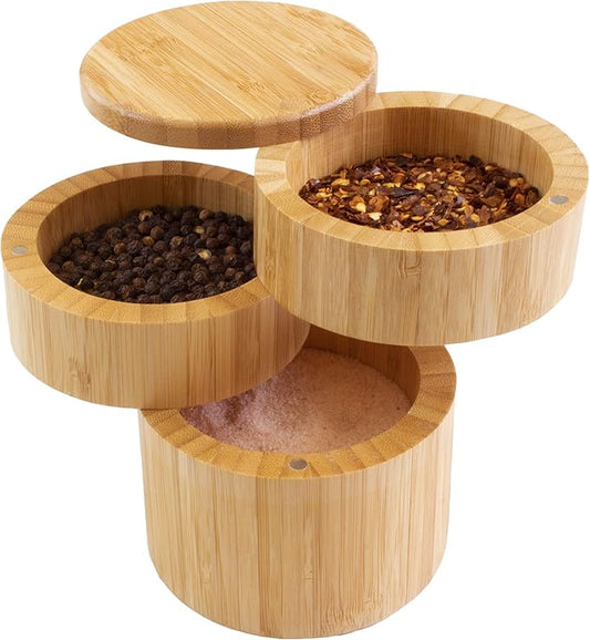 Totally Bamboo Triple Salt Cellar, 3 Tier Bamboo Salt and Pepper Container with Magnetic Swivel Lids, Seasoning Box for Herbs and Spices, 1⅓ Cup