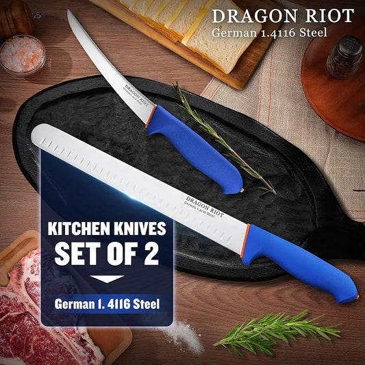 DRAGON RIOT Carving Knife Set for Meat 12 Inche Meat Slicing Knife and Boning Knife and 6 Inch Curved Beef Brisket Trimming Bundle