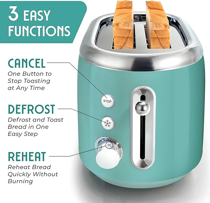 MUELLER HOME Retro Toaster 2 Slice, 7 Browning Levels, 3 Functions (Reheat, Defrost, Cancel), Stainless Steel Features, Removable Crumb Tray, Under Base Cord Storage, Turquoise