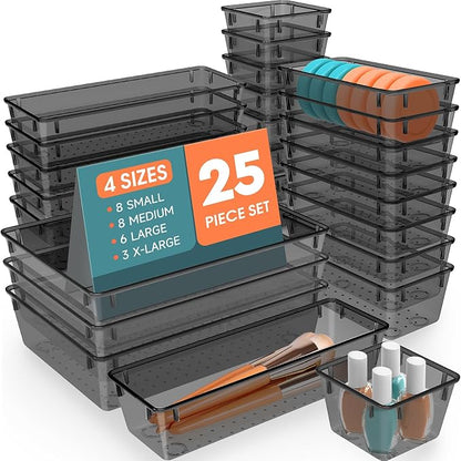 SpaceHacks 25 PCS Plastic Drawer Organizer Set, 4-Size Versatile Organizer Tool Trays & storage Bins for Makeup, Jewelry, and Gadgets in Bathroom, Bedroom and Office,Clear Black