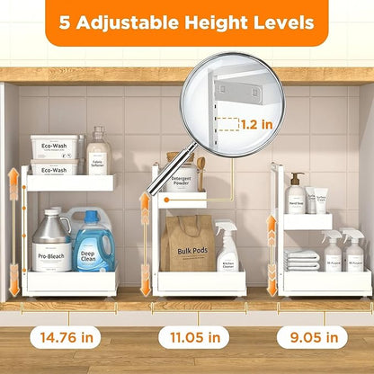 TATAANTY Under Sink Organizer, L-Shaped Metal 2-Tier Double Pull-Out Drawer for Kitchen & Bathroom Cabinets, Adjustable Height Storage - 50lbs Heavy Duty Waterproof 2PCS Height Adjustable