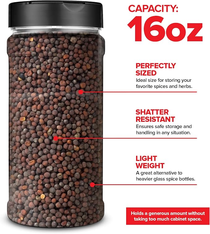 6 Pack 16 oz Plastic Spice Jars, Empty Seasoning Containers for Homemade Rub, Spices, Glitter, and More, Small Spice Containers with Black Shaker Lids and Heat-Induction Liner, Clear Spice Jars