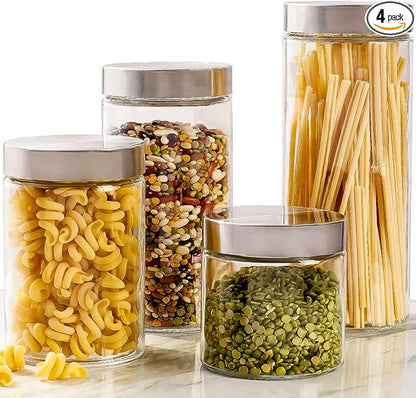 4pc Canister Sets for Kitchen Counter or Bathroom + Labels & Marker, Glass Cookie Jars with Airtight Lids - Food Storage Containers with Lids Airtight for Pantry - Flour, Sugar, Coffee, Cookies, etc.