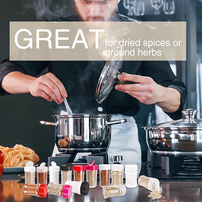 30 Pcs 2 oz Mini Plastic Spice Jars with Sifters Clear Empty Spice Bottles Round Seasoning Containers for Travel Kitchen (White Top with 5 Hole)