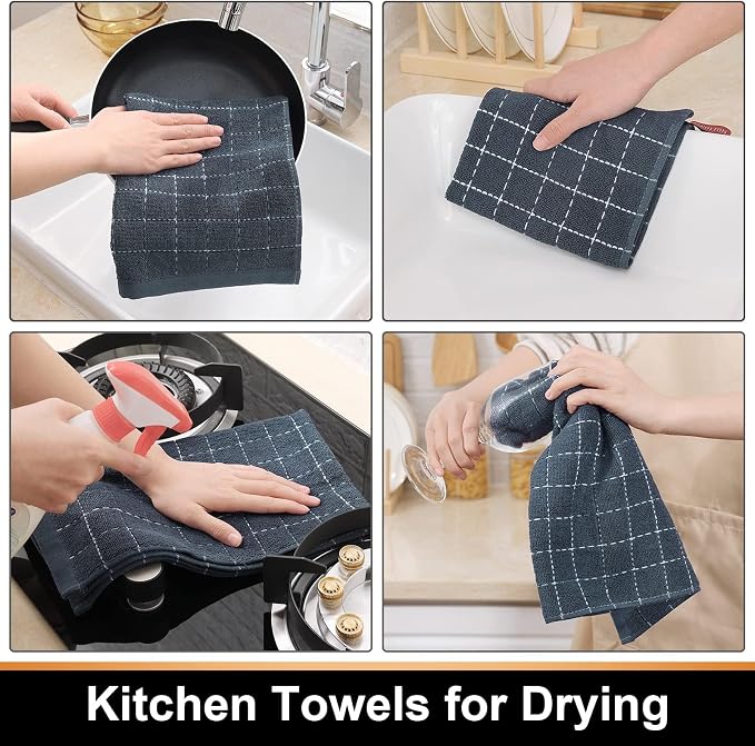 Mordimy 100% Cotton Terry Cloth Kitchen Towels, Super Soft and Absorbent Dish Towels for Drying, Checkered Designed Hand Towels for Kitchen, 13 x 28 Inches, 4 Pack, Grey