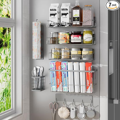 Magnetic Spice Rack for Refrigerator, 7 Pack Magnetic Fridge Shelf for Kitchen Organization Storage, Moveable Spice Organizer W/Paper Towel Holder, Utensil Caddy, Cutting Board Rack (Grey)