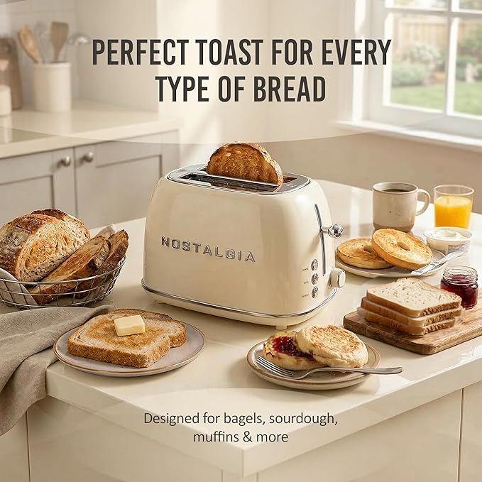 Nostalgia Classic Retro 2-Slice Toaster- Vintage Design- Enamel Coated Steel Body- Wide Slots for all Breads- Crumb Tray, Cord Storage- Defrost,Cancel and Bagel Function & 6 Toasting Levels- Cream