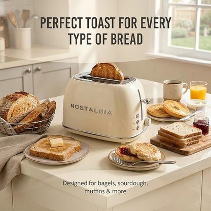 Nostalgia Classic Retro 2-Slice Toaster- Vintage Design- Enamel Coated Steel Body- Wide Slots for all Breads- Crumb Tray, Cord Storage- Defrost,Cancel and Bagel Function & 6 Toasting Levels- Cream