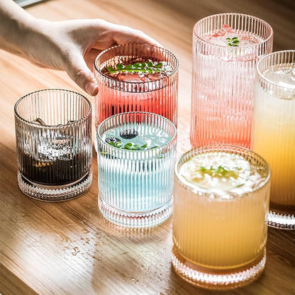 Ribbed Glass Cups Set, 13oz Vintage Drinking Glassware Set, 6 Piece Premium Glassware, Elegant Mixed Glassware Set, Origami Style Cocktail Glasses, Great for Whisky, Iced Coffee & Beverages (6PCS)