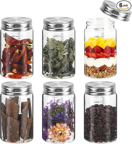 8 oz Small Glass Jars with Airtight Lid 6 pc Round Spice Jars Sugar Coffee Ground Container Storage Canister Bottle Jars for Juice Tea Pantry Yogurt Seasoning Overnight Oatmeal(6×250ml(8.4oz))