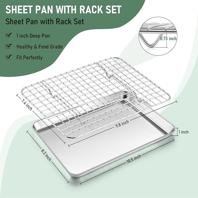 Homikit Cookie Sheet with Rack (1 Pan+1 Rack), 10 x 8 Inch Stainless Steel Small Baking Sheet with Wire Rack Set for Baking Roasting Cooling, Toaster Oven Pan Bacon Tray, Non-Toxic & Dishwasher Safe