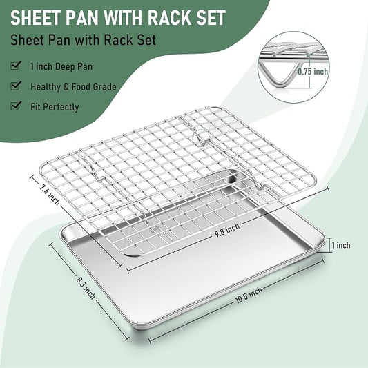Homikit Cookie Sheet with Rack (1 Pan+1 Rack), 10 x 8 Inch Stainless Steel Small Baking Sheet with Wire Rack Set for Baking Roasting Cooling, Toaster Oven Pan Bacon Tray, Non-Toxic & Dishwasher Safe