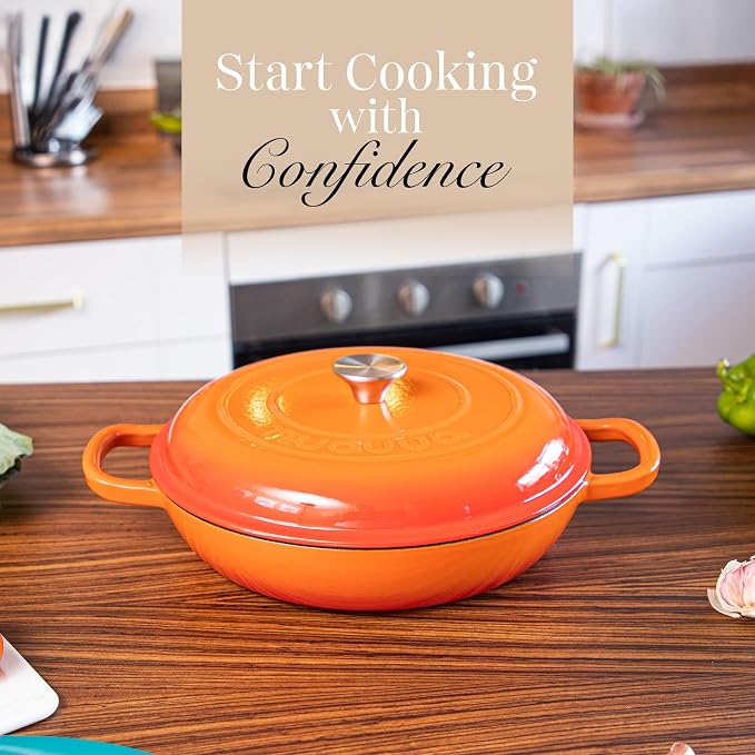 Shallow Cast Iron Casserole with Lid – Non Stick Dutch Oven Pot, Oven Safe up to 500° F – Sturdy Ovenproof Stockpot Cookware – Enamelled Cooking Pot – Orange, 5-Quart, 32cm – by Nuovva