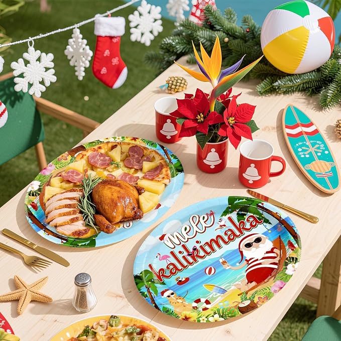 50Pcs Christmas in July Party Decorations 10" x 12" Tropical Hawaiian Santa Heavy Duty Oval Paper Plates Mele kalikimaka Disposable Tableware for Summer Christmas Beach Pool Party Supplies
