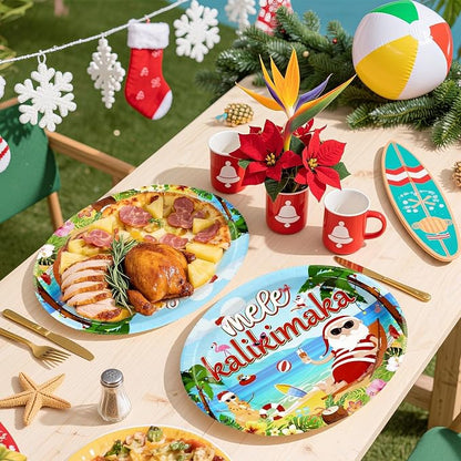 50Pcs Christmas in July Party Decorations 10" x 12" Tropical Hawaiian Santa Heavy Duty Oval Paper Plates Mele kalikimaka Disposable Tableware for Summer Christmas Beach Pool Party Supplies