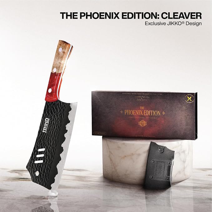 Jikko Japanese Meat Cleaver Knife Phoenix Edition Cleaver, 7.3" Blade, Forged Hammered Blade, Olive Wood & Resin Handle, Butcher Knife Cleaver, Japanese Kitchen Knife