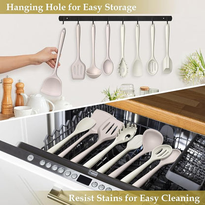 LIANYU 8Pcs Kitchen Utensils Set, Silicone Cooking Utensils Spatula Set for Nonstick Cookware, Include Silicone Spatula, Ladle, Turner, Spoon, Heat Resistant, Dishwasher Safe, Khaki White