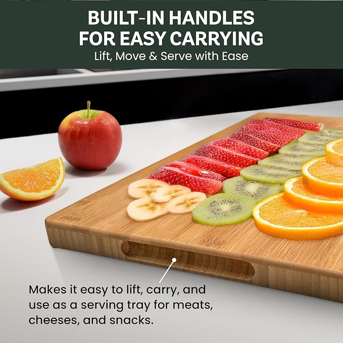 Bambüsi Large 16 Inch Bamboo Cutting Board with Juice Groove and Handles - Heavy Duty Butcher Block for Kitchen, Meat, Cheese, Vegetables, Food Prep and Serving