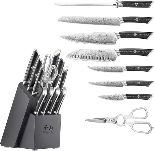 Cangshan KURO Series 12-Piece Knife Block Set, High Carbon X-7 Damascus Steel, Gray, 504340