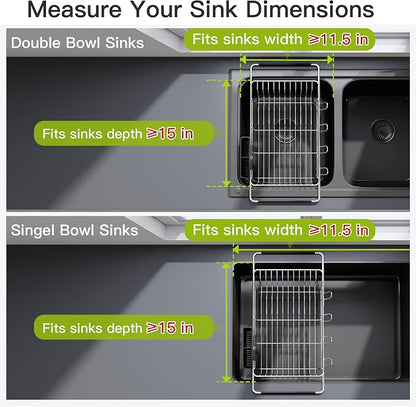 JASIWAY Dish Drying Rack in Sink, Expandable Stainless Steel Dish Drainers for Kitchen Counter, Dish Dryer Rack for Inside Sink, Over The Sink Dish Racks with Utensil Holder, Silver