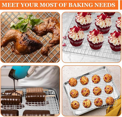 Jelly Roll Pan with Cooling Rack, Leonyo Baking Sheet Pan with Wire Rack, Commercial Stainless Steel & Nonstick Large Cookie Sheet Trays for Oven Cooking, Size 16 x 12 Inch (2 Trays + 2 Racks)