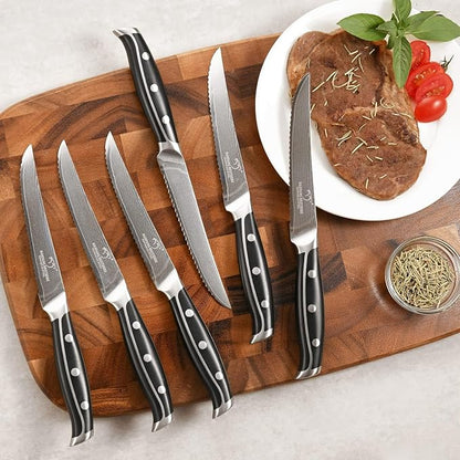 16-Piece Damascus Knife Set with Block, VG10 67-Layer Damascus Steel Kitchen Knife Set with Triple-Rivet Handles, 6 Steak Knives, Meat Fork, Sharpener & Scissors, Natural Wood