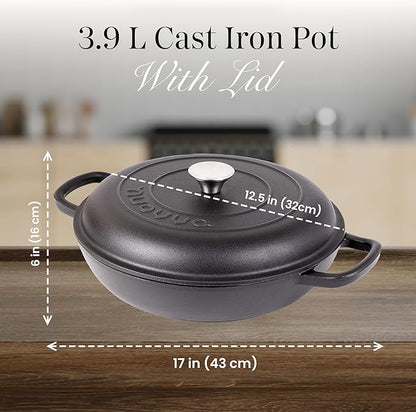 Shallow Cast Iron Casserole with Lid – Non Stick Dutch Oven Pot, Oven Safe up to 500° F – Sturdy Ovenproof Stockpot Cookware – Enamelled Cooking Pot – Black, 5-Quart, 32cm – by Nuovva