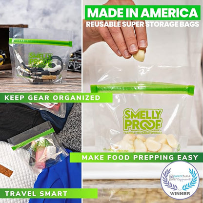 Smelly Proof 25 x Expandable Stand-Up & Fill REUSABLE Food Storage Bags, US Made, NO PEVA & BPA FREE, Reusable Freezer Bags, Dishwasher-Safe, Clear 3 mils STAND & FILL 4" x 3" - 25pk