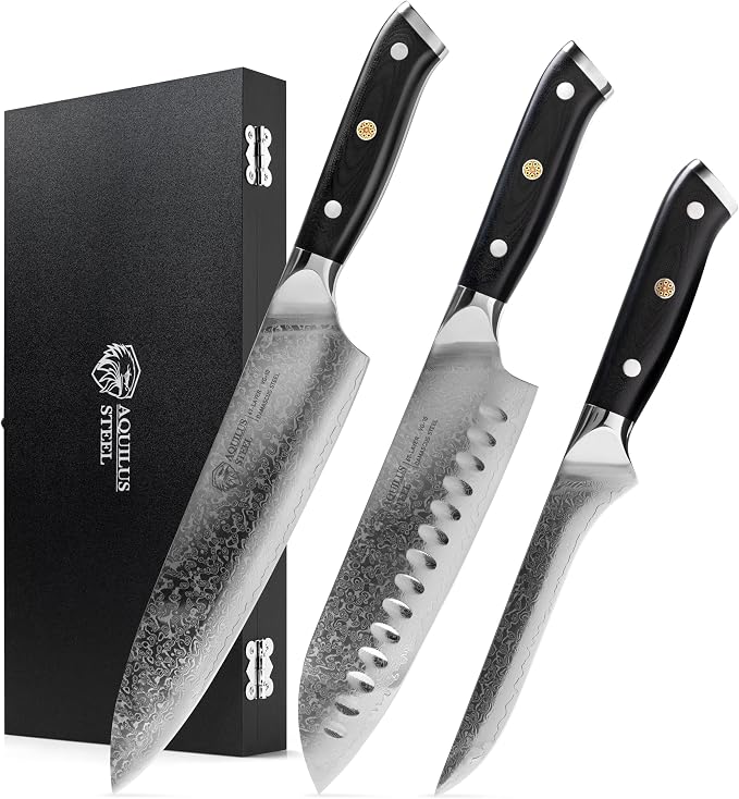 Set of 3 Premium Japanese Damascus Chef Knives – VG10 Steel Core, 67-Layer Razor-Sharp Blades, Full Tang Design with Ergonomic Handles, Presented in a Luxury Natural Wood Gift Box