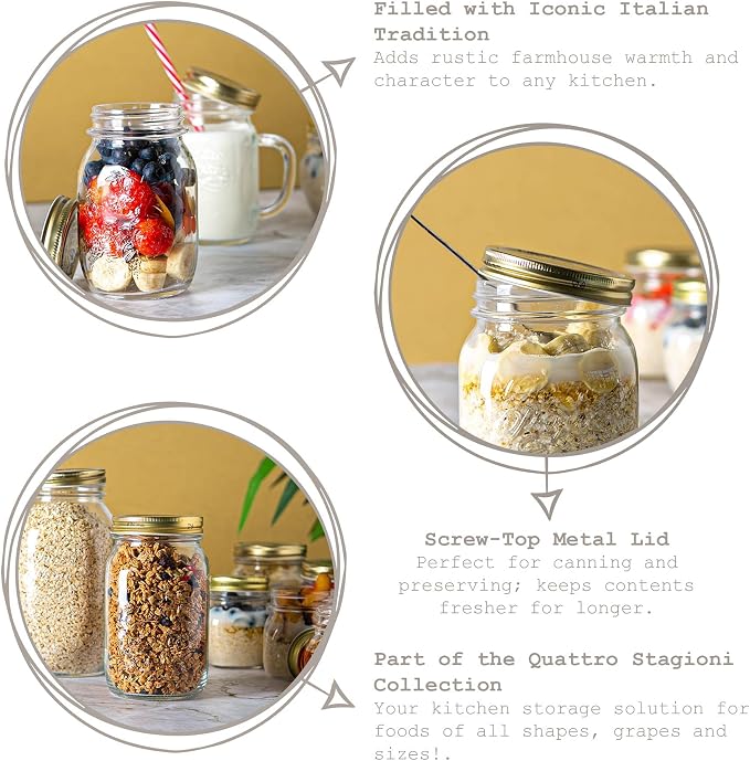 Bormioli Rocco Quattro Stagioni 17 oz Canning Jar - Vacuum Sealed for Home Canning & Au Bain-Marie"Cooking - BPA-Free, Airtight Storage for Dry Foods & Homemade Gifts - Odor Proof - Made in Italy