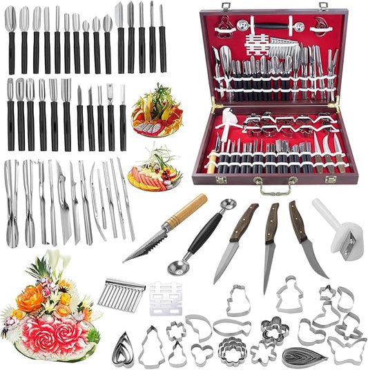 80-Piece Stainless Steel Fruit Carving Tools Set - Professional Watermelon Carving Knife Kit with Ergonomic Handles & Portable Wood Box, Durable Fruit Cutting Tools for Culinary Arts, Sculpting