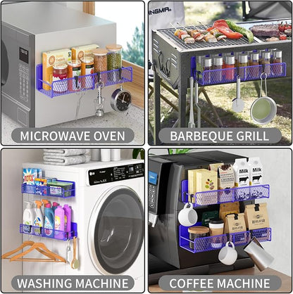 Magnetic Spice Rack for Refrigerator, 2 Pack 100% Metal Strong Magnet Shelf, Space Saving Spice Organizer W/ Hooks, Movable Magnetic Fridge Shelf, Kitchen Home Laundry Storage Organization,Purple Blue